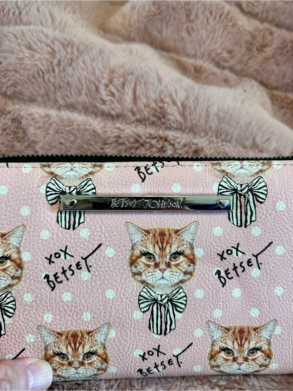 Betsey Johnson Pink Cat Pattern Wristlet Wallet with Bow Accents